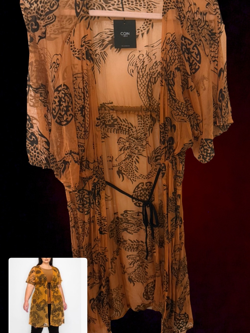 COIN Sheer Dragon-Print Kimono Robe in Tan and Black